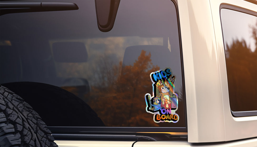 Bluey and Bingo Kids on Board Holographic Sticker - Car Window Decal with Bluey Characters