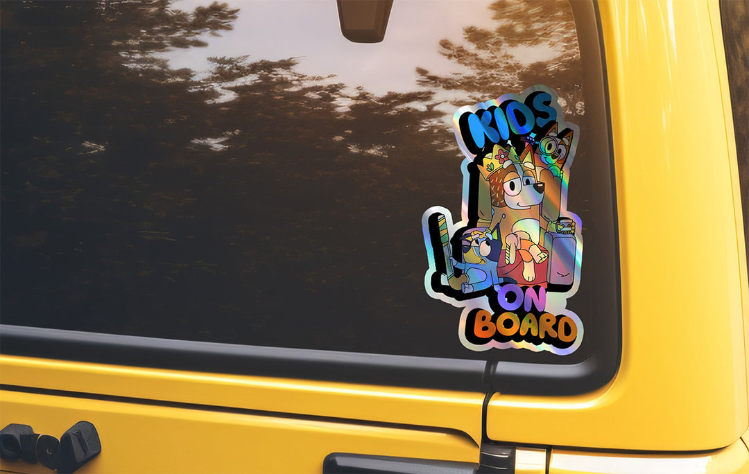 Bluey and Bingo Kids on Board Holographic Sticker - Car Window Decal with Bluey Characters