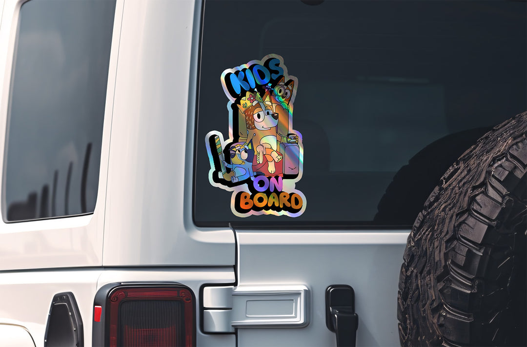 Bluey and Bingo Kids on Board Holographic Sticker - Car Window Decal with Bluey Characters