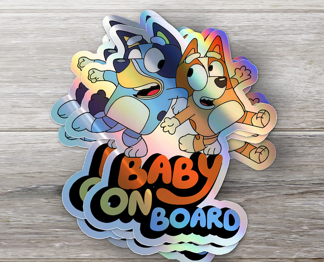 Waterproof Holographic Vinyl Bluey and Bingo Baby on Board Sticker / Baby Car Decal