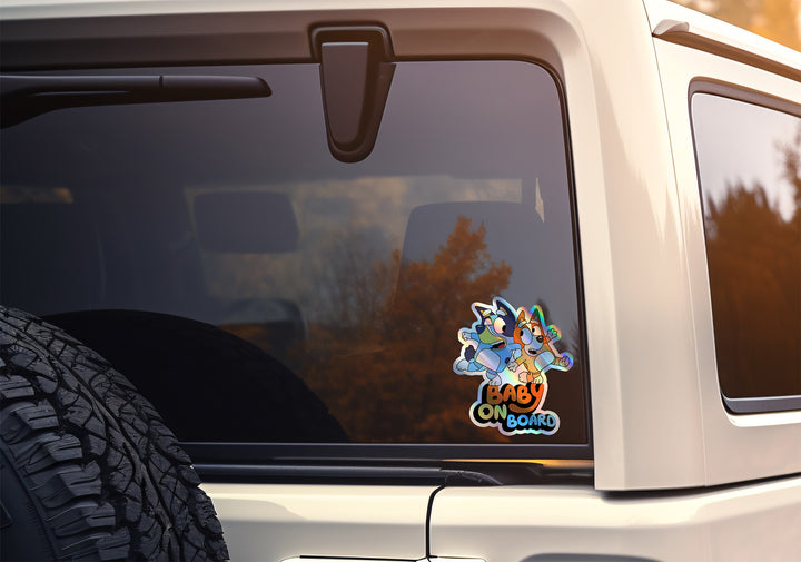 Waterproof Holographic Vinyl Bluey and Bingo Baby on Board Sticker / Baby Car Decal