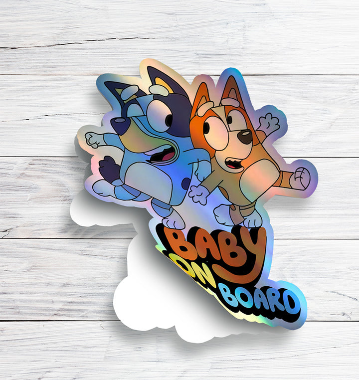 Waterproof Holographic Vinyl Bluey and Bingo Baby on Board Sticker / Baby Car Decal