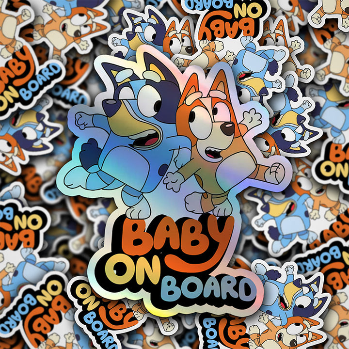 Waterproof Holographic Vinyl Bluey and Bingo Baby on Board Sticker / Baby Car Decal