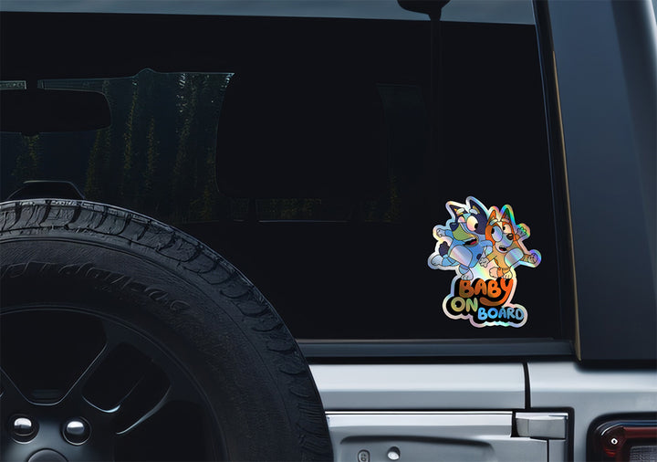 Waterproof Holographic Vinyl Bluey and Bingo Baby on Board Sticker / Baby Car Decal