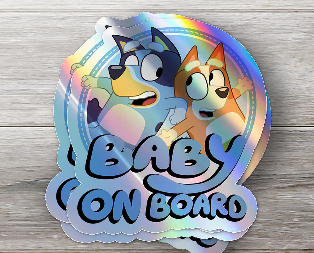 Waterproof Holographic Vinyl Bluey and Bingo Baby on Board Sticker / Baby Car Decal