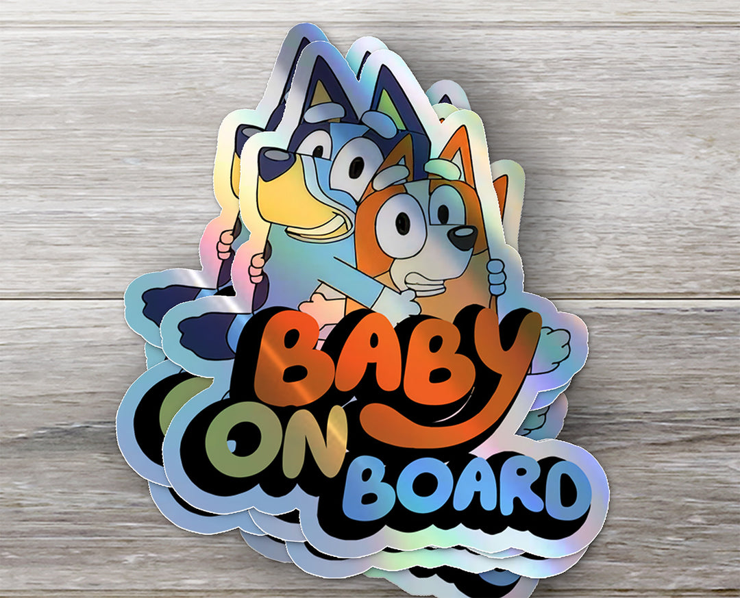 Bluey and Bingo Baby on Board Holographic Sticker - Car Decal for Parents and Kids, Cute Cartoon Family Sign