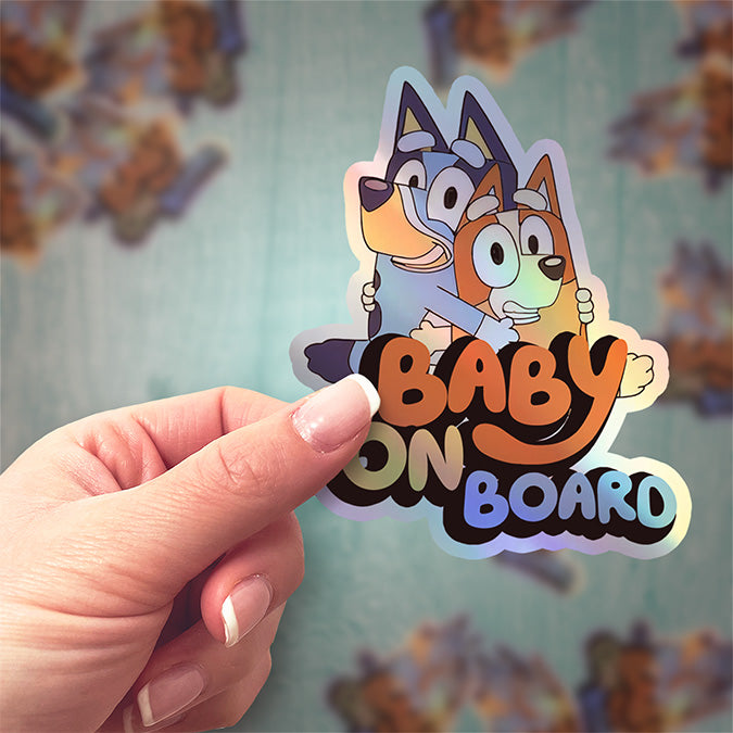 Bluey and Bingo Baby on Board Holographic Sticker - Car Decal for Parents and Kids, Cute Cartoon Family Sign