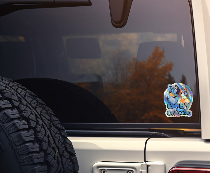 Waterproof Holographic Vinyl Bluey and Bingo Baby on Board Sticker / Baby Car Decal