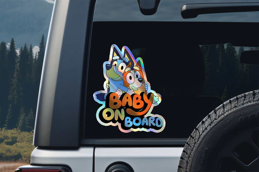 Bluey and Bingo Baby on Board Holographic Sticker - Car Decal for Parents and Kids, Cute Cartoon Family Sign