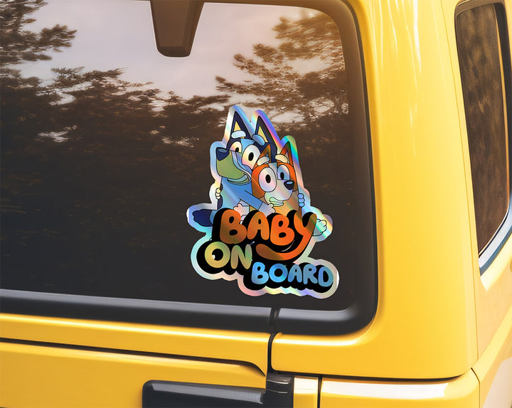 Bluey and Bingo Baby on Board Holographic Sticker - Car Decal for Parents and Kids, Cute Cartoon Family Sign