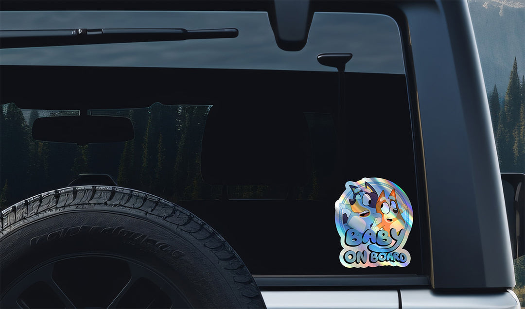 Waterproof Holographic Vinyl Bluey and Bingo Baby on Board Sticker / Baby Car Decal