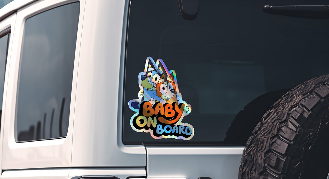 Bluey and Bingo Baby on Board Holographic Sticker - Car Decal for Parents and Kids, Cute Cartoon Family Sign