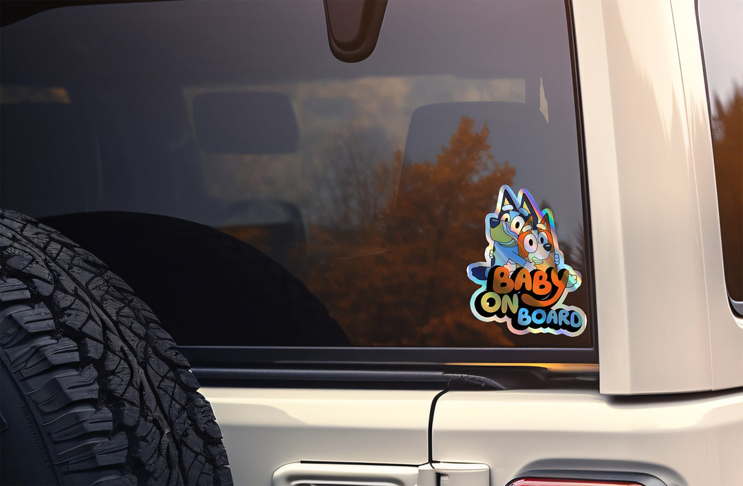 Bluey and Bingo Baby on Board Holographic Sticker - Car Decal for Parents and Kids, Cute Cartoon Family Sign