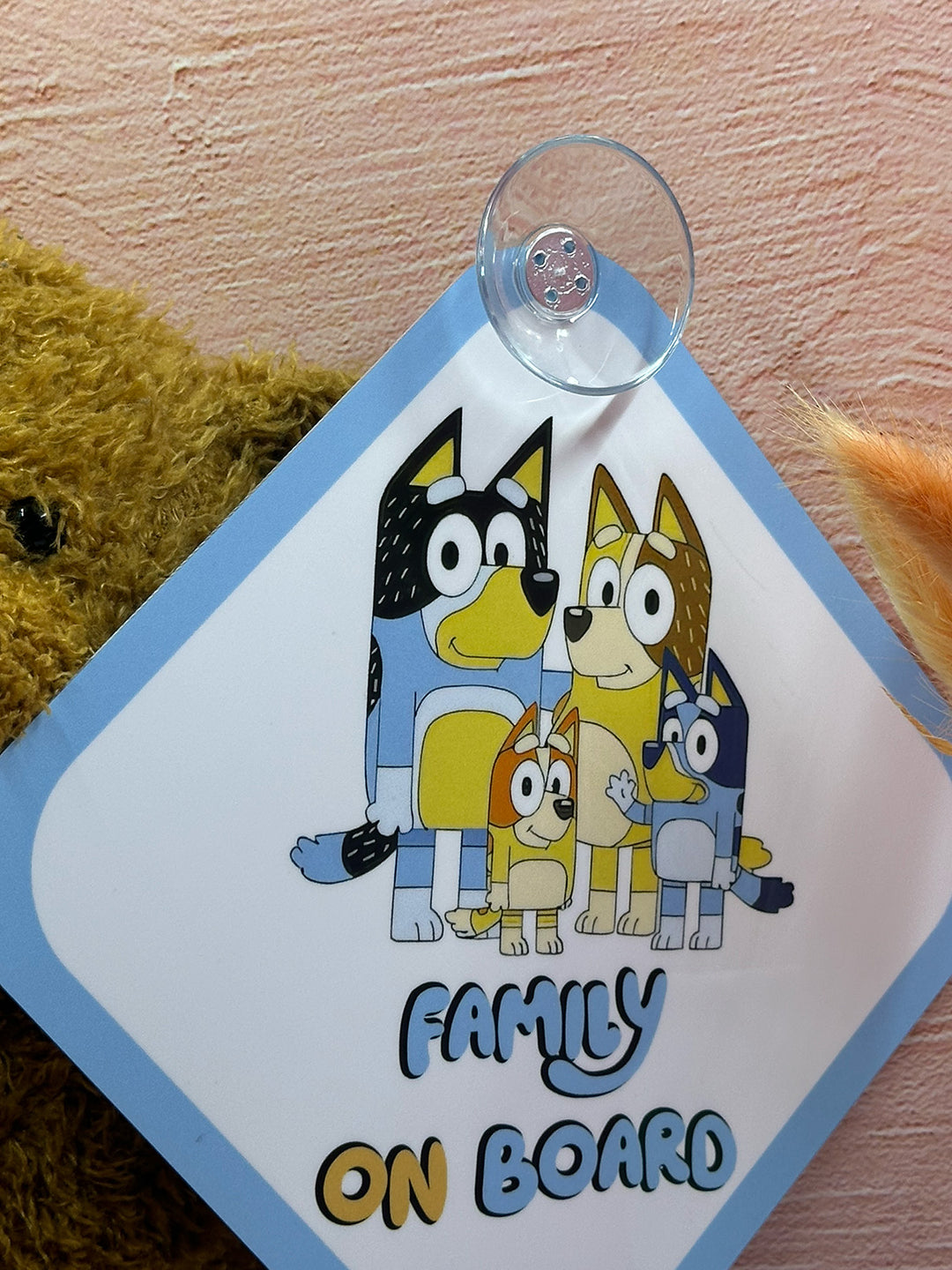 Bluey Family On Board Sign - Cute Aluminum Car Safety Warning Sign with Suction Cups - Durable Blue and White Child Safety Alert