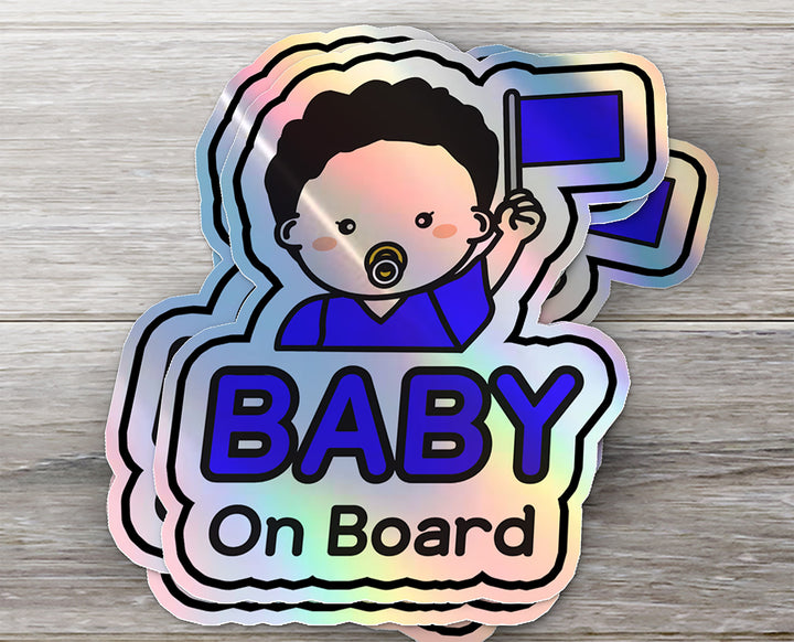 Baby on Board Car Sticker - American Boy Character Design  - Holographic & Weather-Resistant