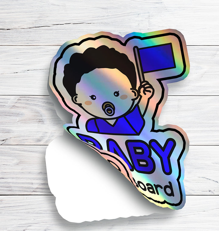 Baby on Board Car Sticker - American Boy Character Design  - Holographic & Weather-Resistant