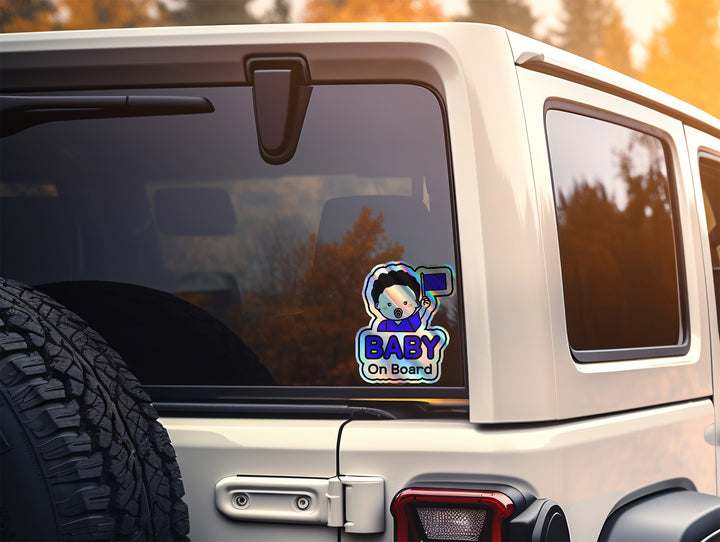 Baby on Board Car Sticker - American Boy Character Design  - Holographic & Weather-Resistant