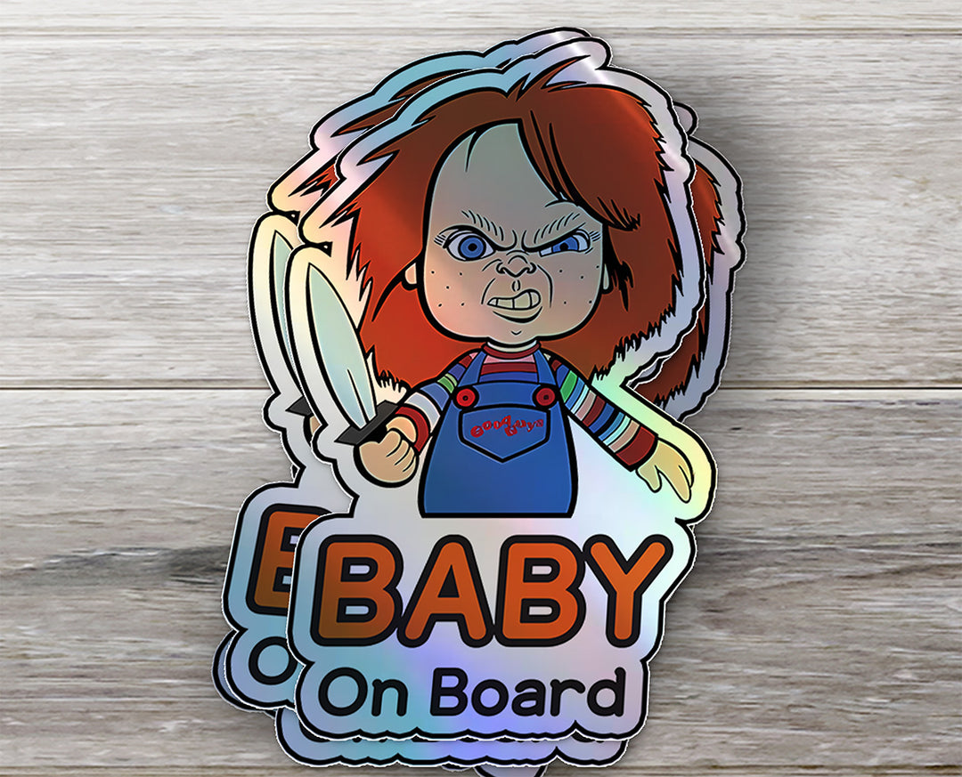 Holographic Baby On Board Chucky Sticker | Creepy Cute Horror Doll Inspired Car Decal | Halloween Baby Safety Sticker | Funny Car Decor