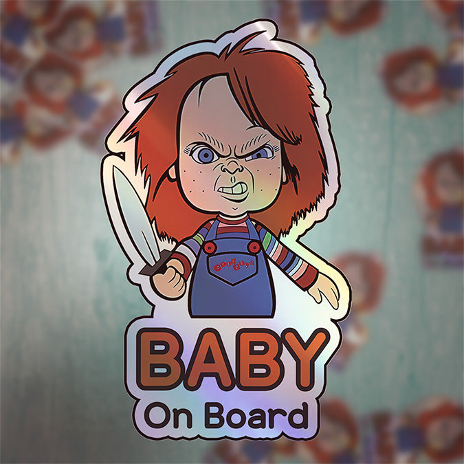 Holographic Baby On Board Chucky Sticker | Creepy Cute Horror Doll Inspired Car Decal | Halloween Baby Safety Sticker | Funny Car Decor