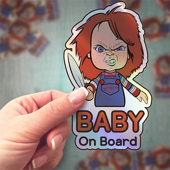 Holographic Baby On Board Chucky Sticker | Creepy Cute Horror Doll Inspired Car Decal | Halloween Baby Safety Sticker | Funny Car Decor