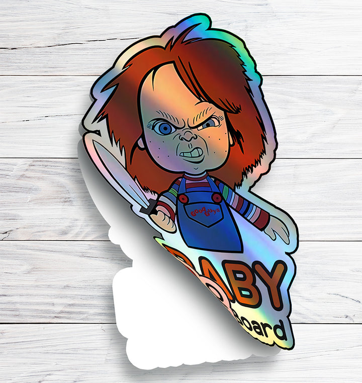 Holographic Baby On Board Chucky Sticker | Creepy Cute Horror Doll Inspired Car Decal | Halloween Baby Safety Sticker | Funny Car Decor