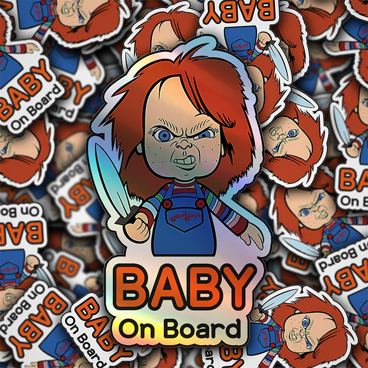 Holographic Baby On Board Chucky Sticker | Creepy Cute Horror Doll Inspired Car Decal | Halloween Baby Safety Sticker | Funny Car Decor