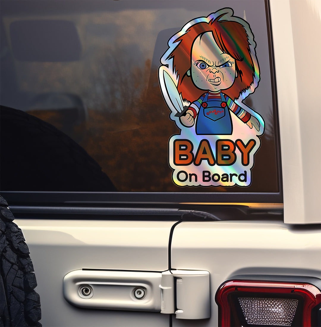 Holographic Baby On Board Chucky Sticker | Creepy Cute Horror Doll Inspired Car Decal | Halloween Baby Safety Sticker | Funny Car Decor