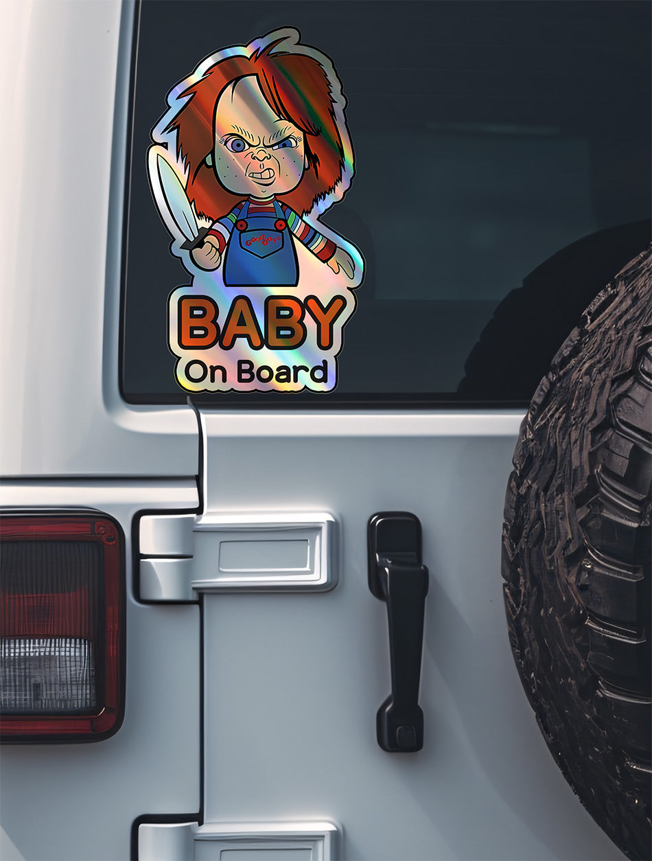 Holographic Baby On Board Chucky Sticker | Creepy Cute Horror Doll Inspired Car Decal | Halloween Baby Safety Sticker | Funny Car Decor