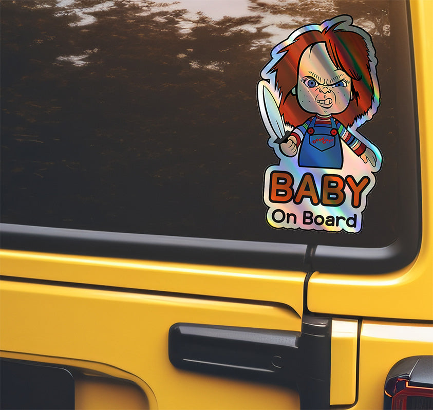 Holographic Baby On Board Chucky Sticker | Creepy Cute Horror Doll Inspired Car Decal | Halloween Baby Safety Sticker | Funny Car Decor