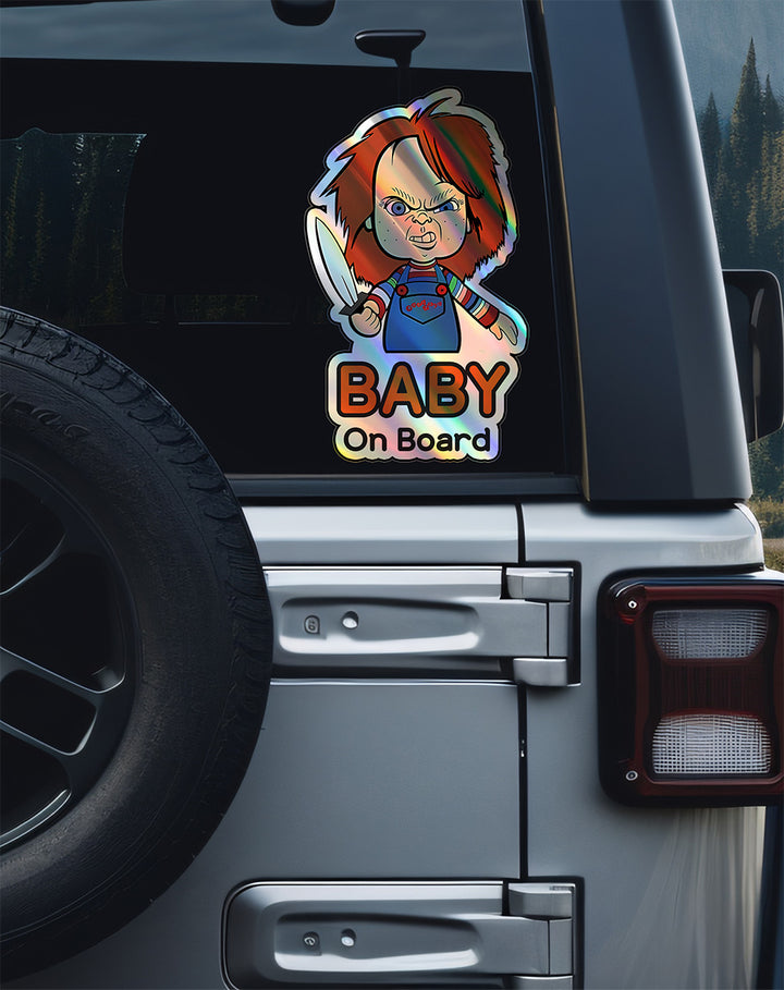 Holographic Baby On Board Chucky Sticker | Creepy Cute Horror Doll Inspired Car Decal | Halloween Baby Safety Sticker | Funny Car Decor