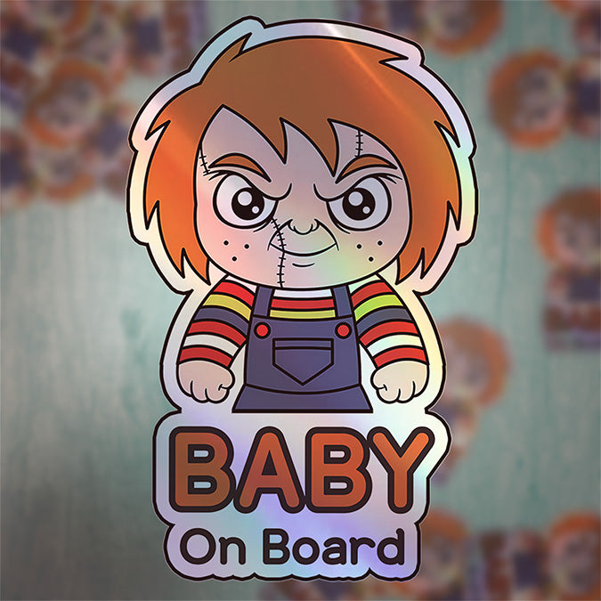 Holographic Baby On Board Chucky Sticker | Creepy Cute Horror Doll Inspired Car Decal | Baby Safety Sticker | Child's Play Fan Decor