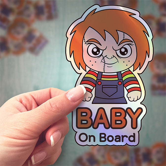 Holographic Baby On Board Chucky Sticker | Creepy Cute Horror Doll Inspired Car Decal | Baby Safety Sticker | Child's Play Fan Decor