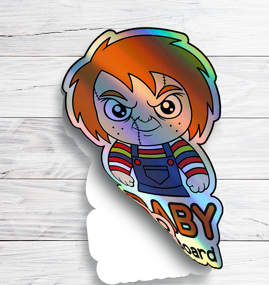 Holographic Baby On Board Chucky Sticker | Creepy Cute Horror Doll Inspired Car Decal | Baby Safety Sticker | Child's Play Fan Decor