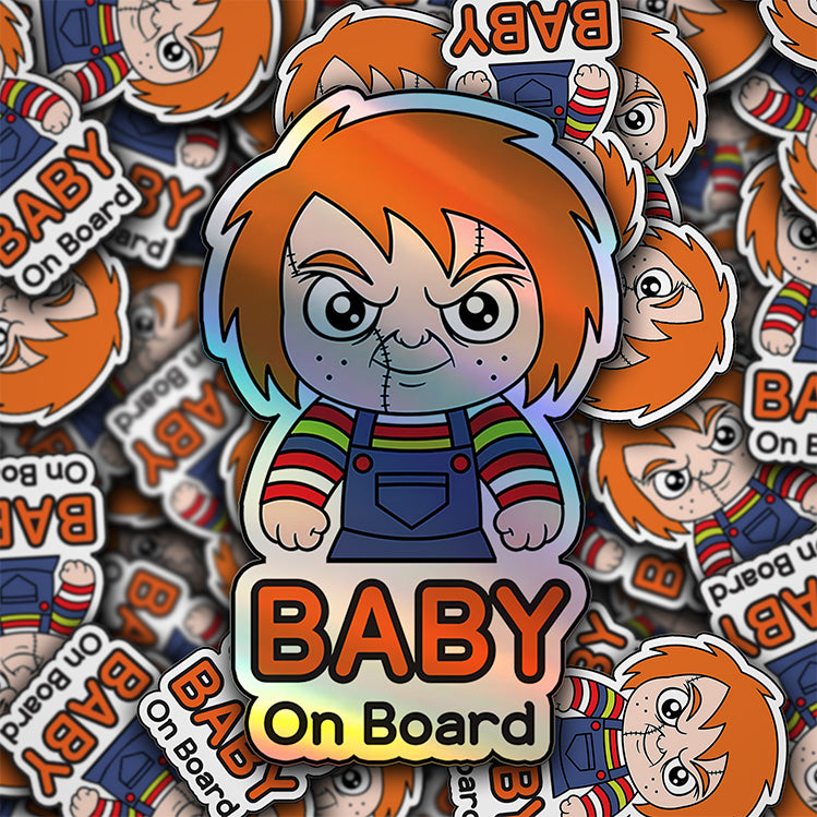 Holographic Baby On Board Chucky Sticker | Creepy Cute Horror Doll Inspired Car Decal | Baby Safety Sticker | Child's Play Fan Decor