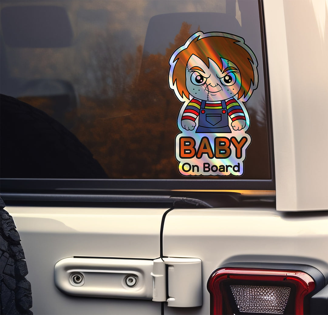 Holographic Baby On Board Chucky Sticker | Creepy Cute Horror Doll Inspired Car Decal | Baby Safety Sticker | Child's Play Fan Decor