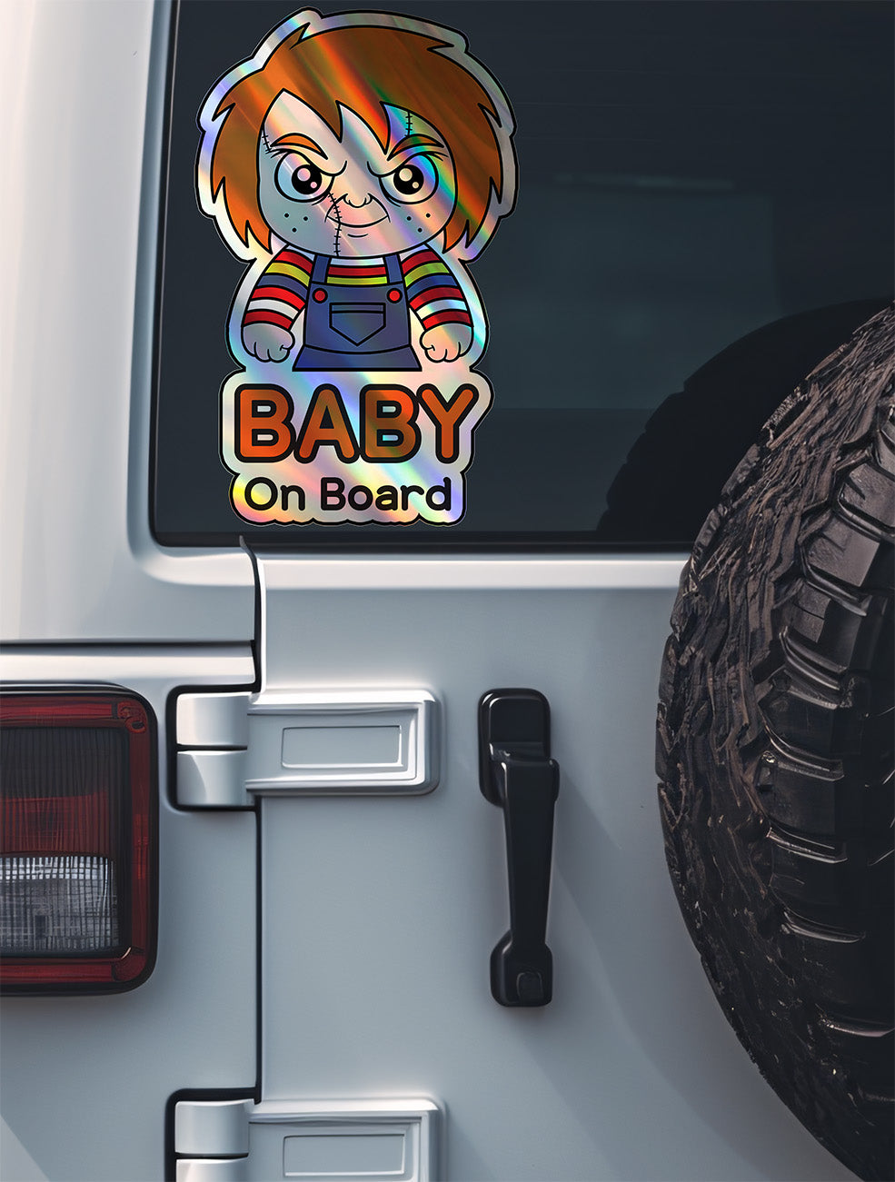 Holographic Baby On Board Chucky Sticker | Creepy Cute Horror Doll Inspired Car Decal | Baby Safety Sticker | Child's Play Fan Decor