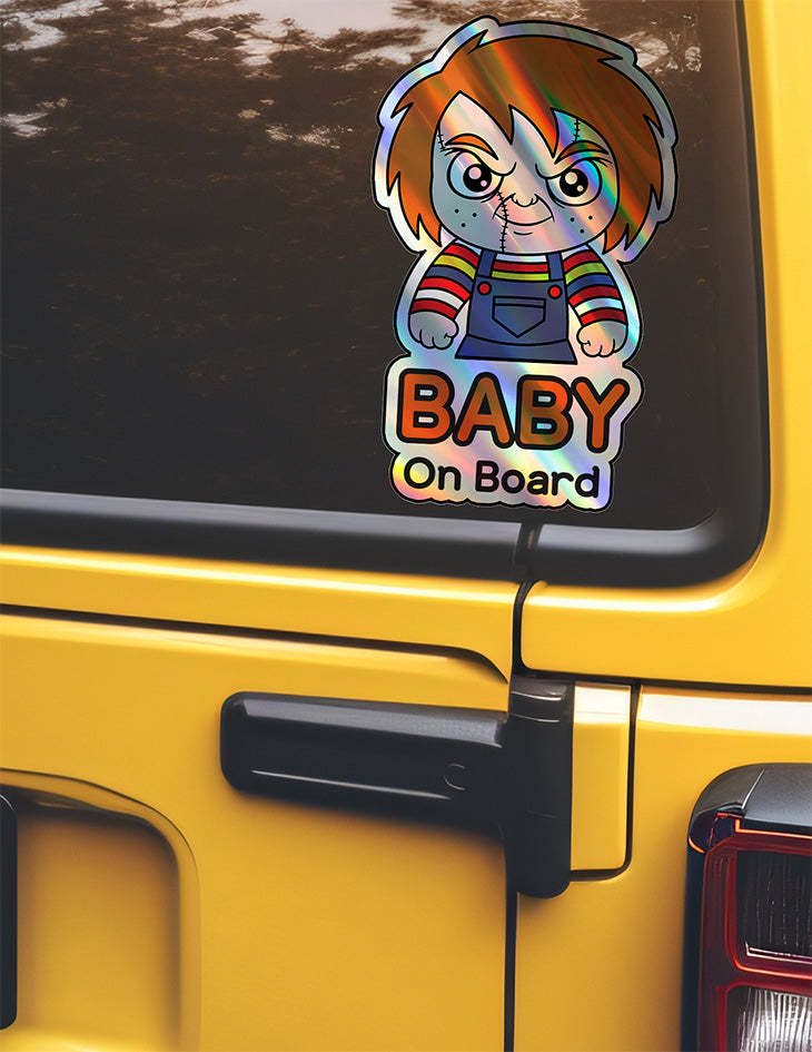 Holographic Baby On Board Chucky Sticker | Creepy Cute Horror Doll Inspired Car Decal | Baby Safety Sticker | Child's Play Fan Decor