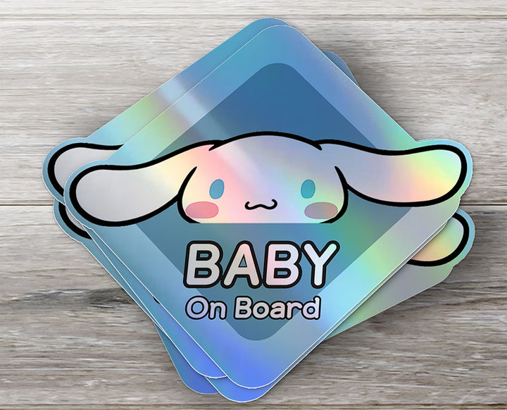 Baby on Board Sticker - Holographic  - Car Window Decal - Baby Safety Sign - Sanrio Cinnamoroll Inspired Sticker - Kids Car Accessories