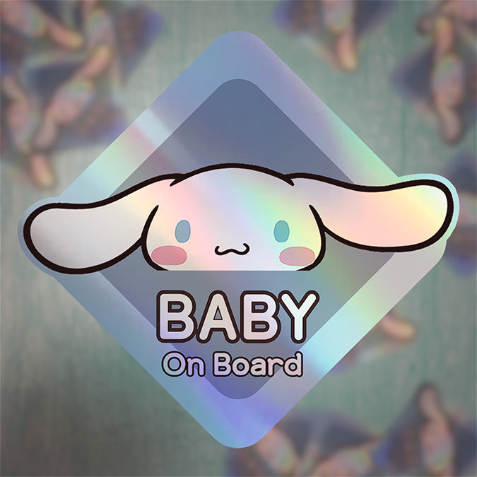 Baby on Board Sticker - Holographic  - Car Window Decal - Baby Safety Sign - Sanrio Cinnamoroll Inspired Sticker - Kids Car Accessories