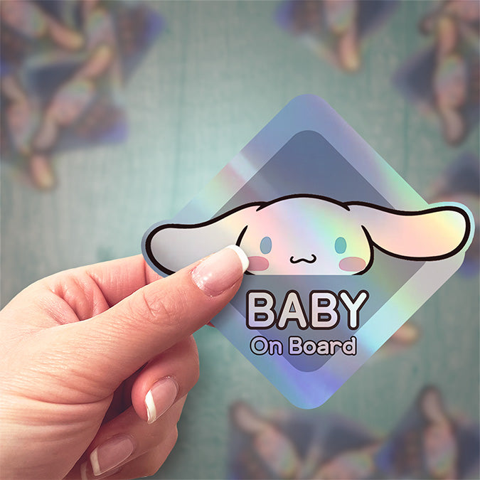 Baby on Board Sticker - Holographic  - Car Window Decal - Baby Safety Sign - Sanrio Cinnamoroll Inspired Sticker - Kids Car Accessories