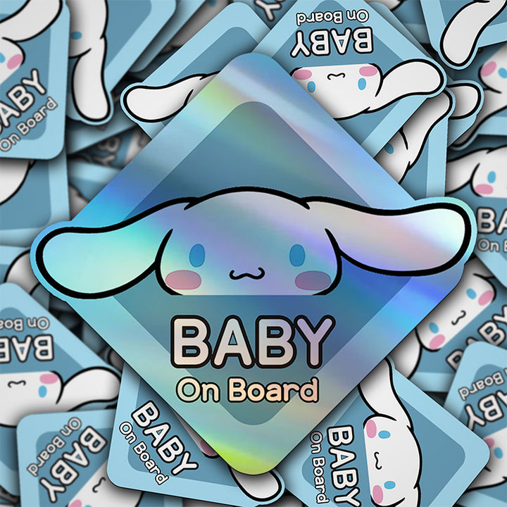 Baby on Board Sticker - Holographic  - Car Window Decal - Baby Safety Sign - Sanrio Cinnamoroll Inspired Sticker - Kids Car Accessories