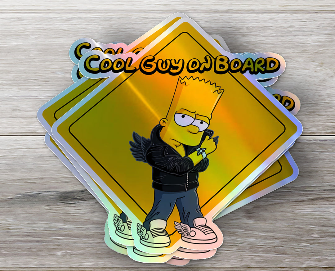 Cool-Guy-Baby-on-Board-Sticker-Yellow-Background-Bart and Lisa Simpson-Car-Sticker-Decal-Parents-Advisment-Safety-Vehicle