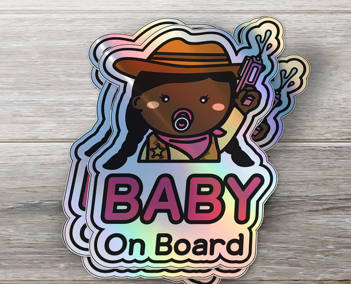 Baby on Board Car Sticker - Baby Cowgirl Character Design  - Holographic & Weather-Resistant