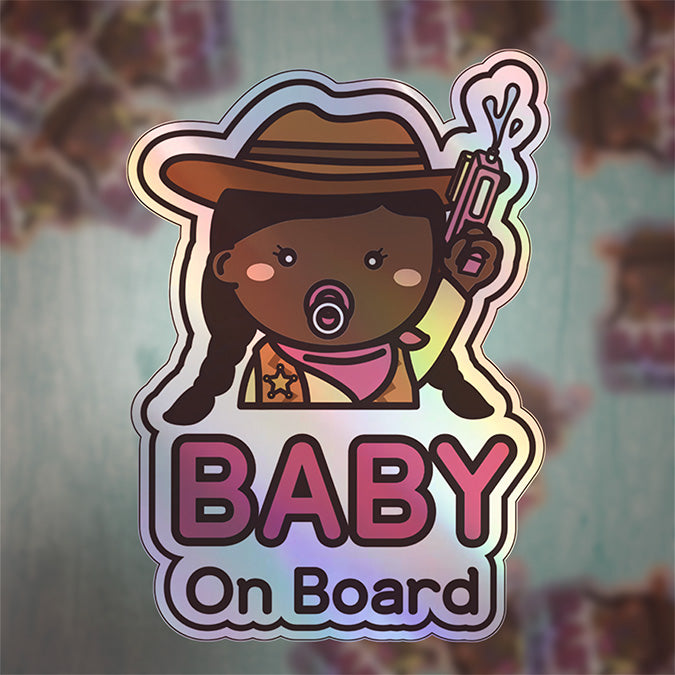 Baby on Board Car Sticker - Baby Cowgirl Character Design  - Holographic & Weather-Resistant