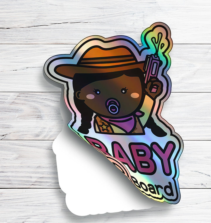 Baby on Board Car Sticker - Baby Cowgirl Character Design  - Holographic & Weather-Resistant