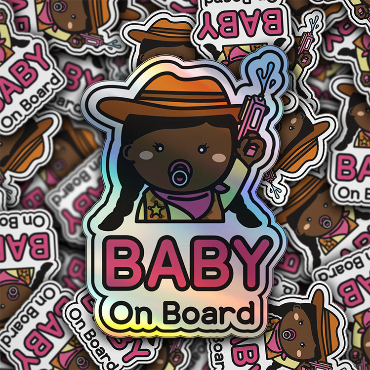 Baby on Board Car Sticker - Baby Cowgirl Character Design  - Holographic & Weather-Resistant