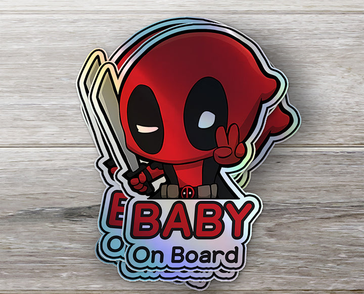 Holographic Baby On Board Deadpool Sticker | Cute Marvel Anti-Hero Car Decal | Funny Baby Safety Sticker | Superhero Car Decor