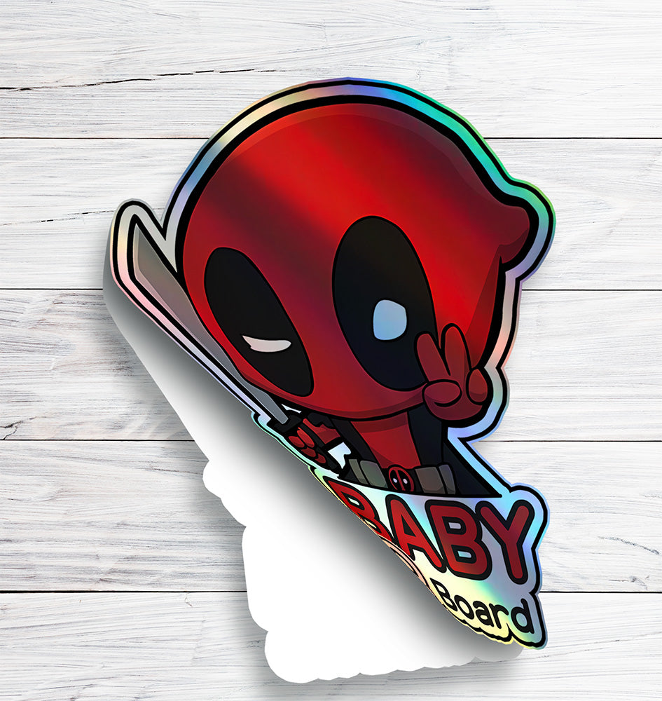 Holographic Baby On Board Deadpool Sticker | Cute Marvel Anti-Hero Car Decal | Funny Baby Safety Sticker | Superhero Car Decor