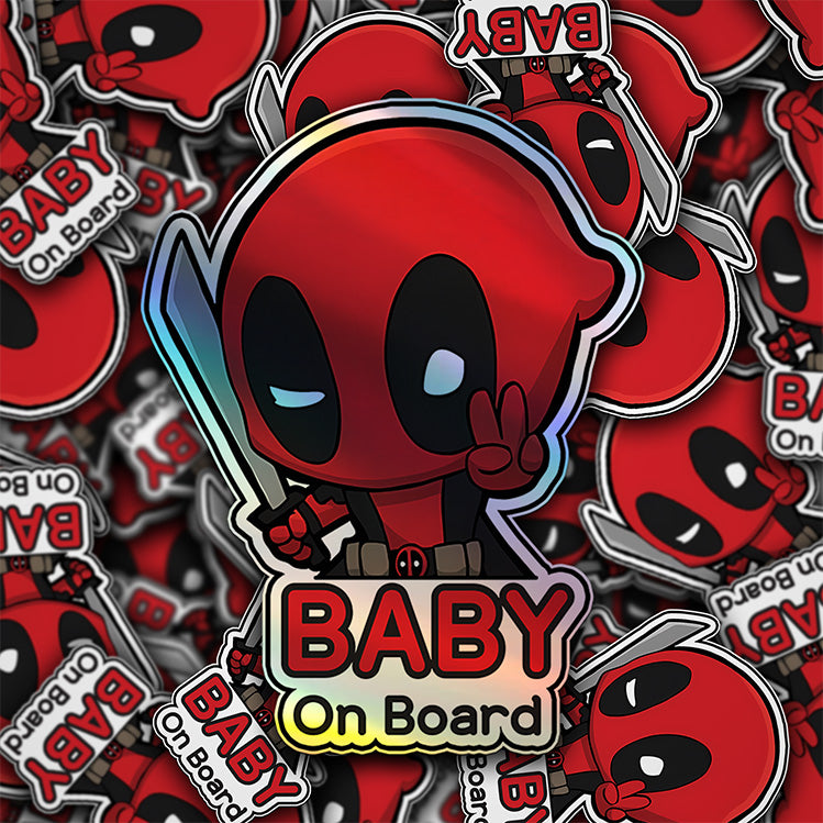 Holographic Baby On Board Deadpool Sticker | Cute Marvel Anti-Hero Car Decal | Funny Baby Safety Sticker | Superhero Car Decor