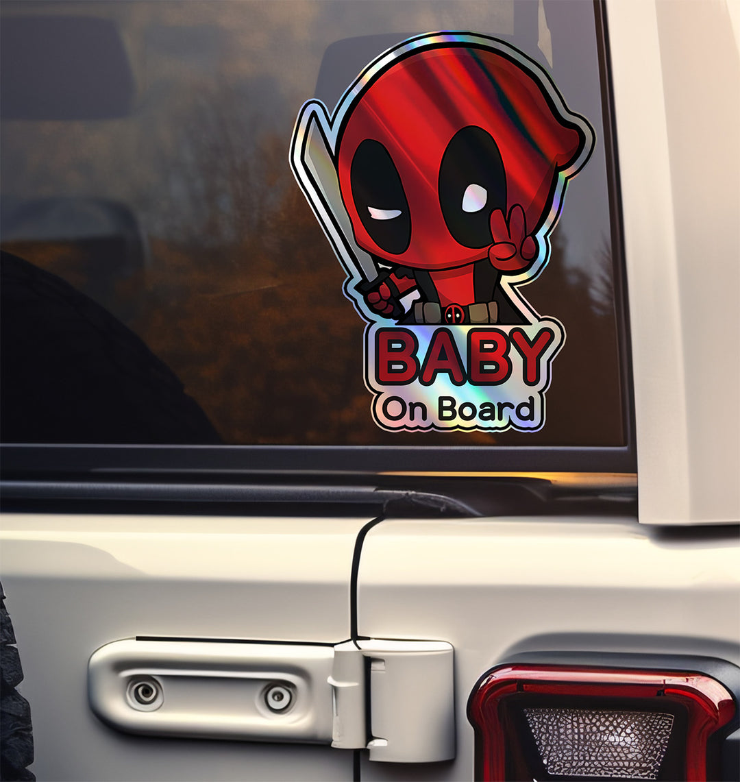 Holographic Baby On Board Deadpool Sticker | Cute Marvel Anti-Hero Car Decal | Funny Baby Safety Sticker | Superhero Car Decor